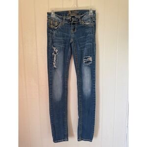 Antique Rivet Womens Distressed Skinny Jeans Blue Medium Wash Size 25 Distressed